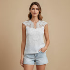 Lacey Patchwork V-hals Mouwloze Top Jelle Jora Mode