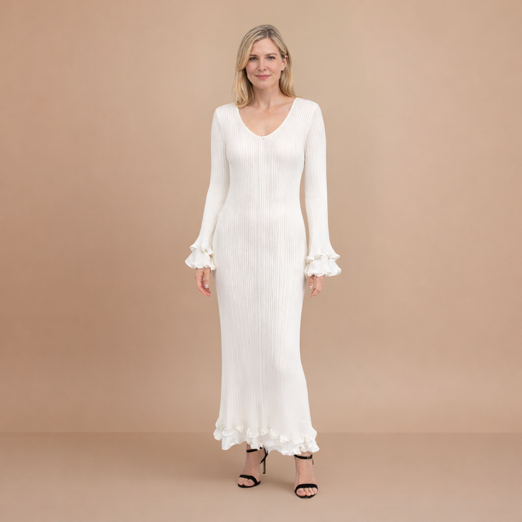 Dames elegante maxi zomerjurk met lange mouwen en ribstof Jelle Jora Mode