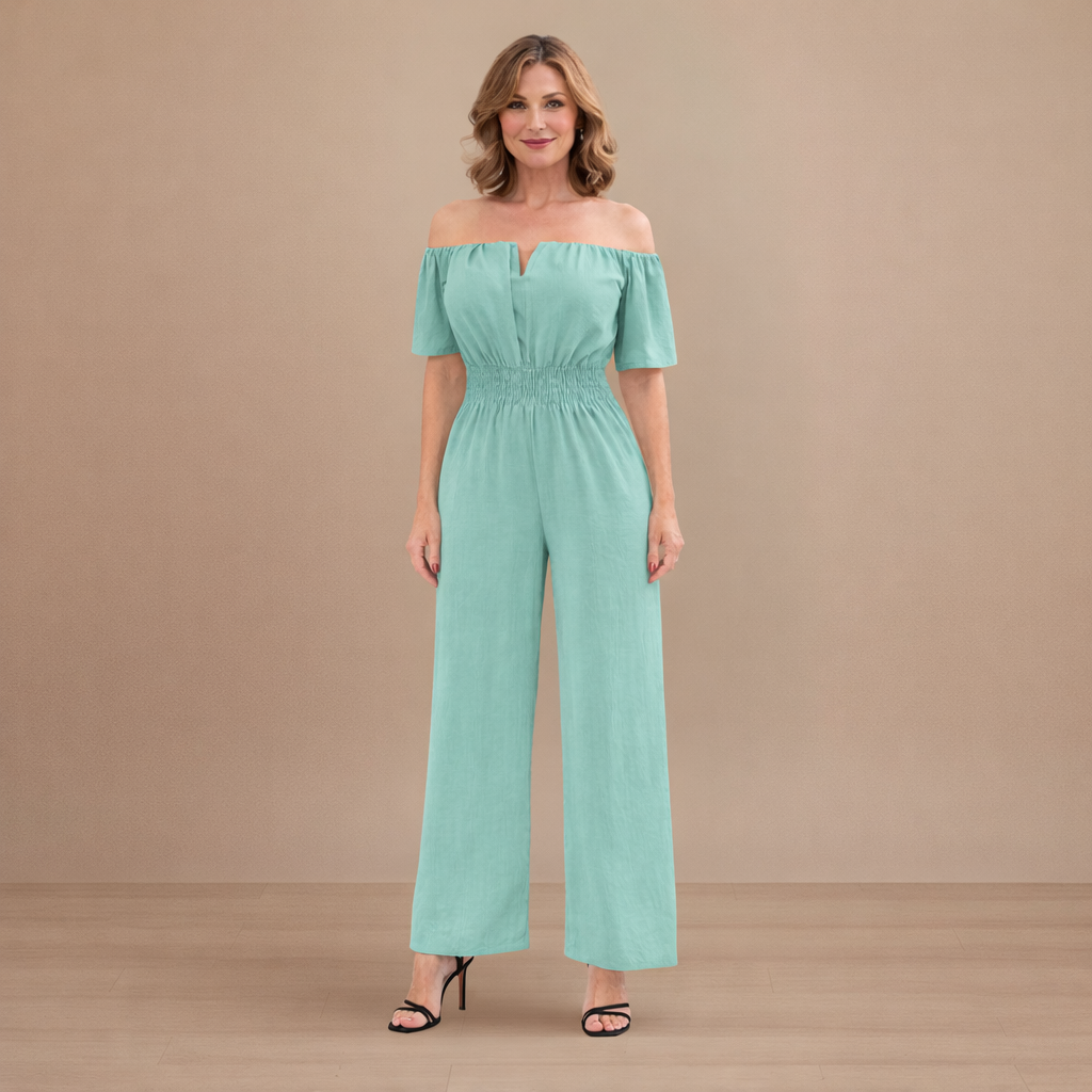 Dames off-shoulder jumpsuit met plooien en wijde pijpen Jelle Jora Mode