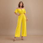 Dames off-shoulder jumpsuit met plooien en wijde pijpen Jelle Jora Mode