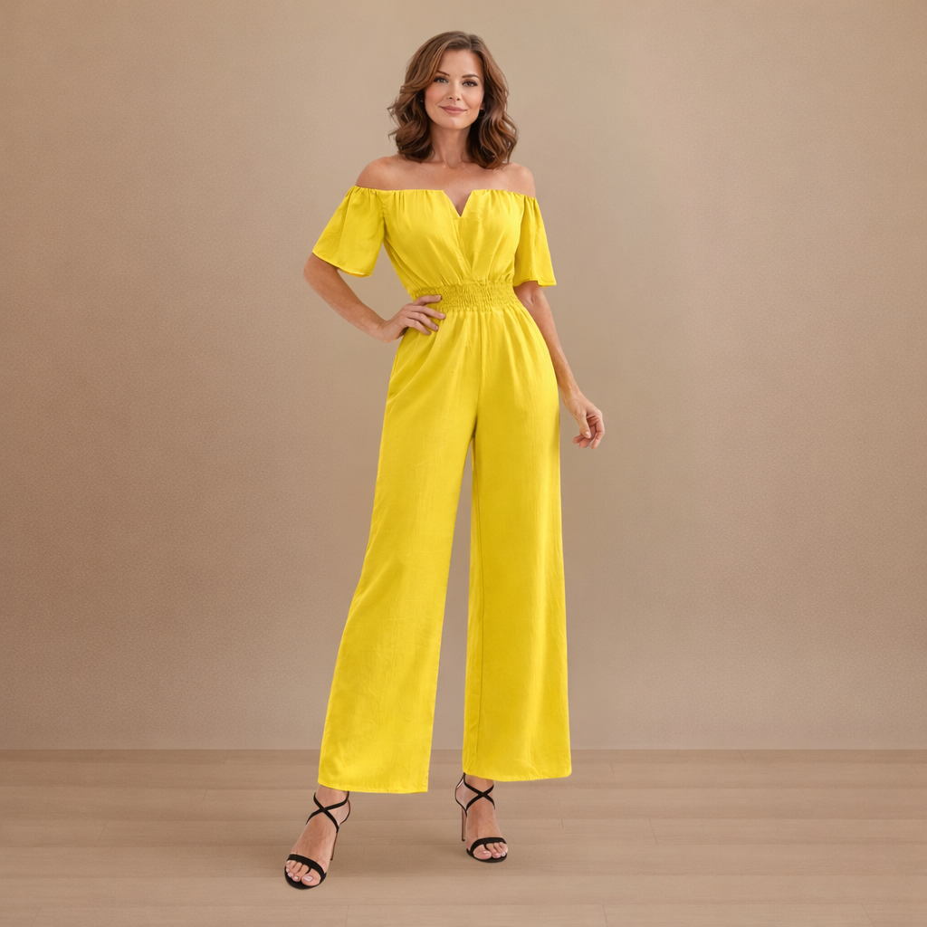 Dames off-shoulder jumpsuit met plooien en wijde pijpen Jelle Jora Mode