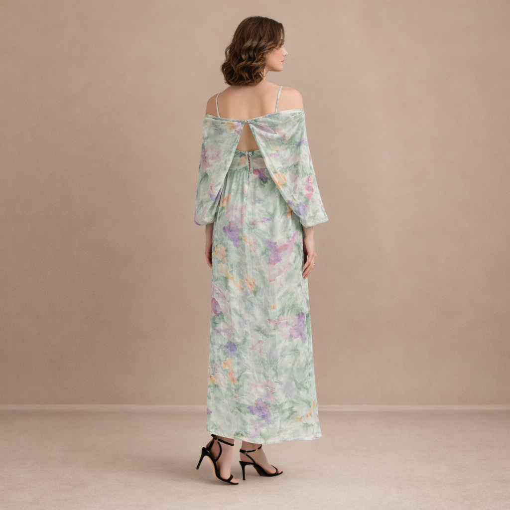 Dames maxi-lange bloemenjurk met zachte drapering Jelle Jora Mode