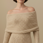 Dames off-shoulder maxi-jurk met lange mouwen en gebreide stof