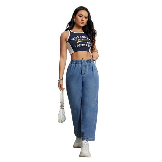 Denim broek met wijde pijpen en elastische taille
