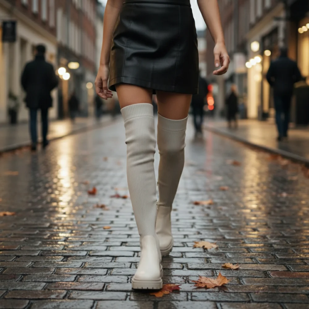 Gebreide overknee laarzen voor dames Rubberen buitenzool Jelle Jora Mode