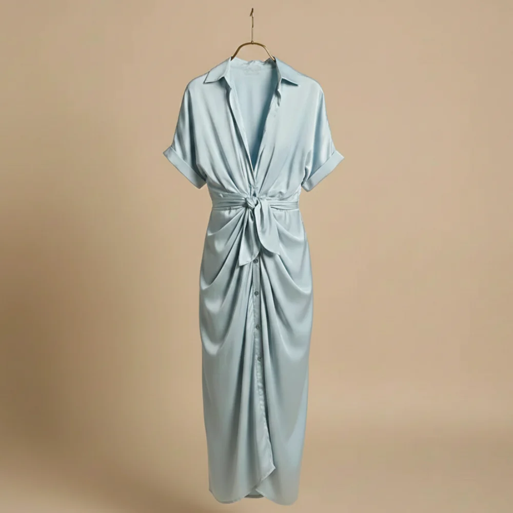 Minimalistische midi-jurk met ruches en strikbandjes voor dames Jelle Jora Mode