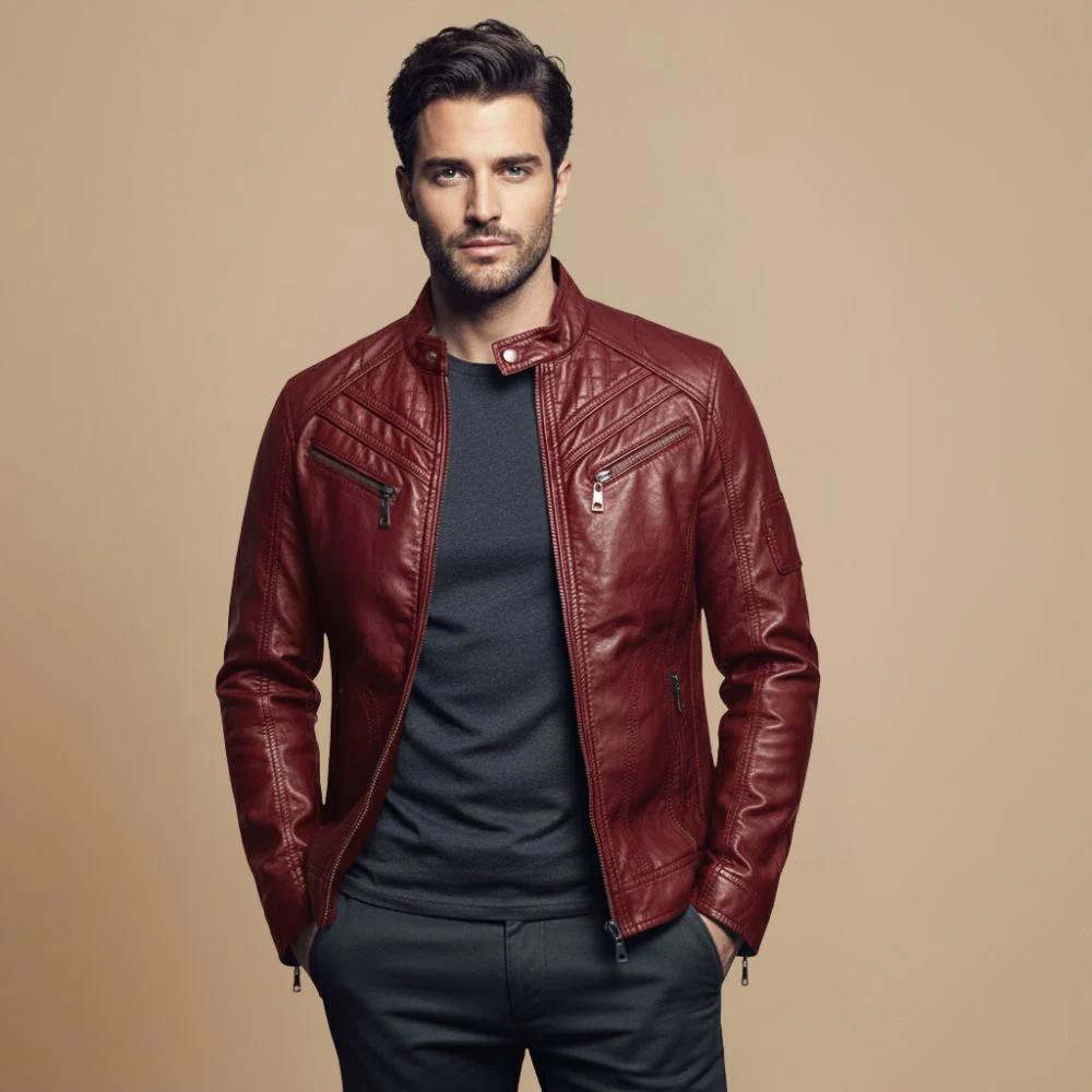 Slim fit biker faux leather jacket voor heren Jelle Jora Mode