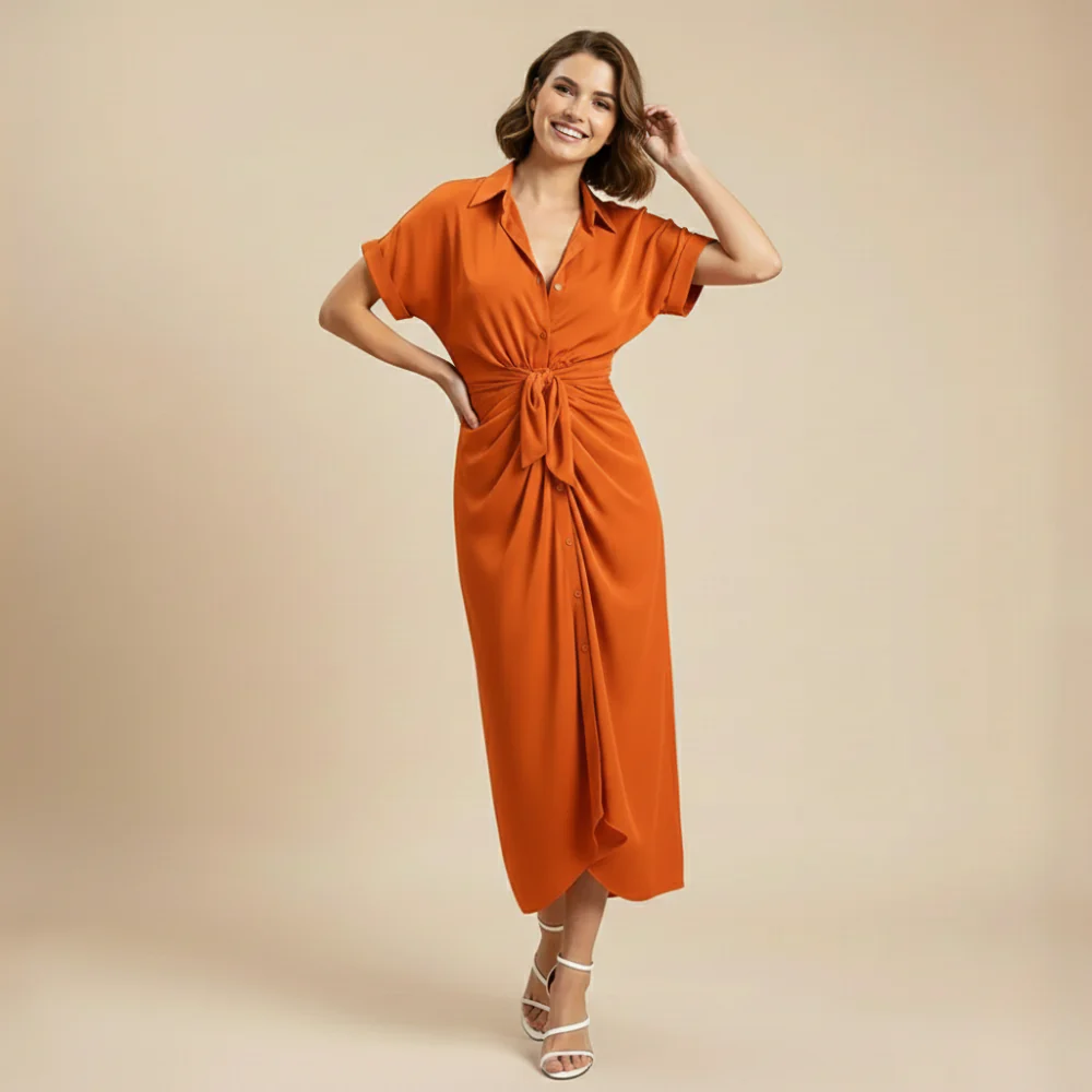 Minimalistische midi-jurk met ruches en strikbandjes voor dames Jelle Jora Mode